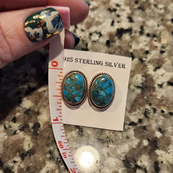 Sterling Silver 925 Blue Copper Turquoise Stud Postback Earrings - Picture 4 of 5